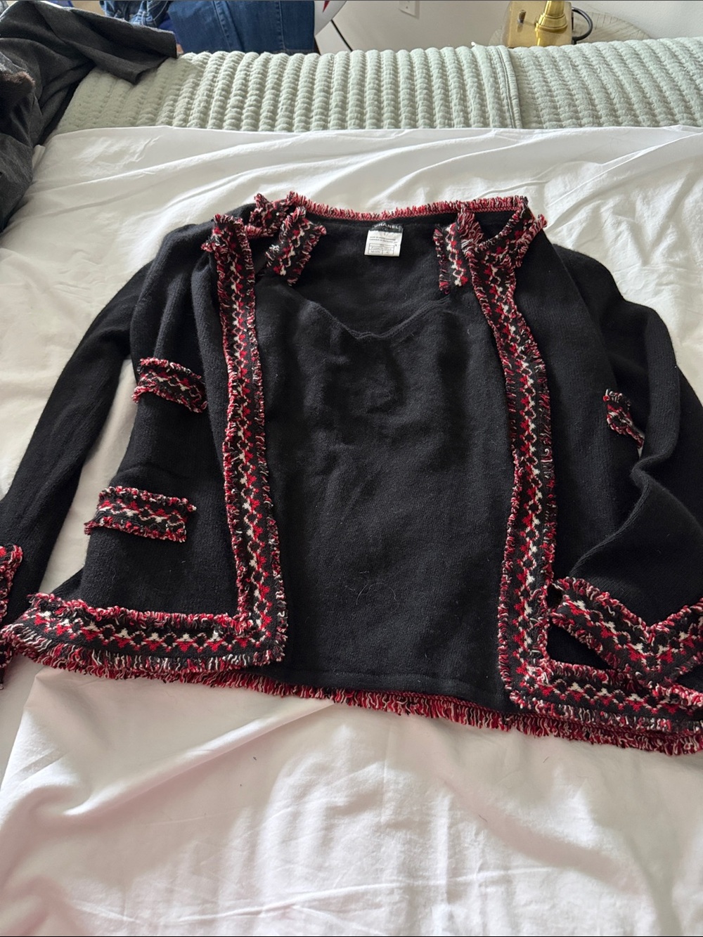 CHANEL Black Knit Open Cardigan 2 piece Top with Trim